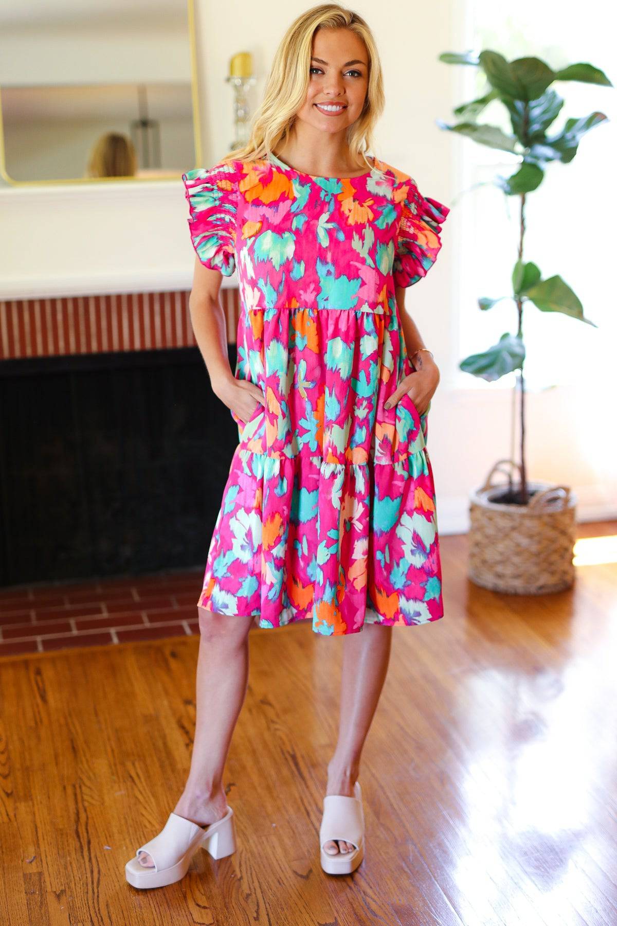 Look of Love Fuchsia Abstract Floral Print Smocked Ruffle Sleeve Dress - Luxe Mod 