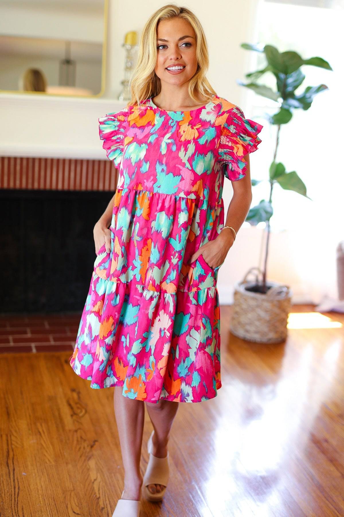 Look of Love Fuchsia Abstract Floral Print Smocked Ruffle Sleeve Dress - Luxe Mod 