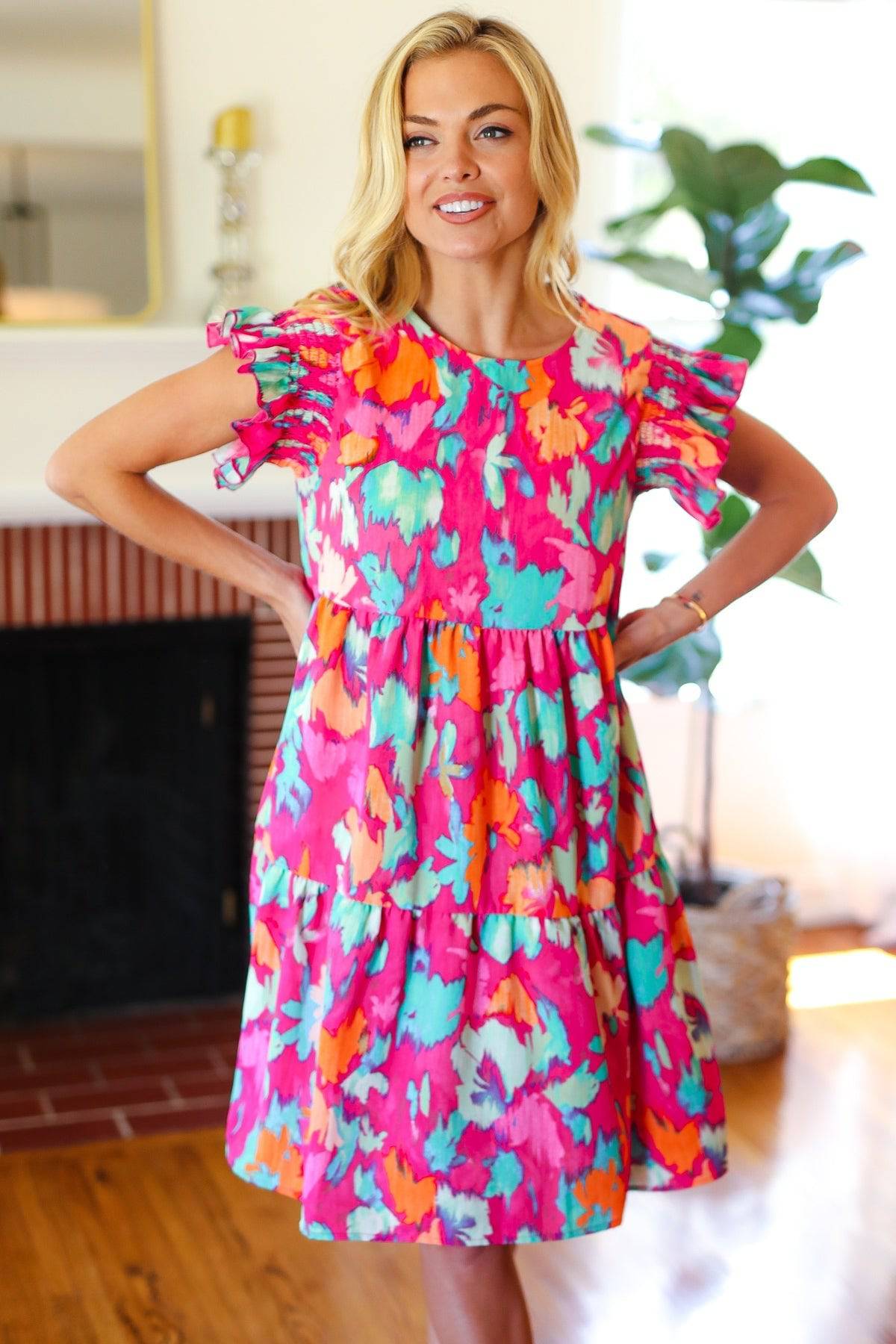 Look of Love Fuchsia Abstract Floral Print Smocked Ruffle Sleeve Dress - Luxe Mod 