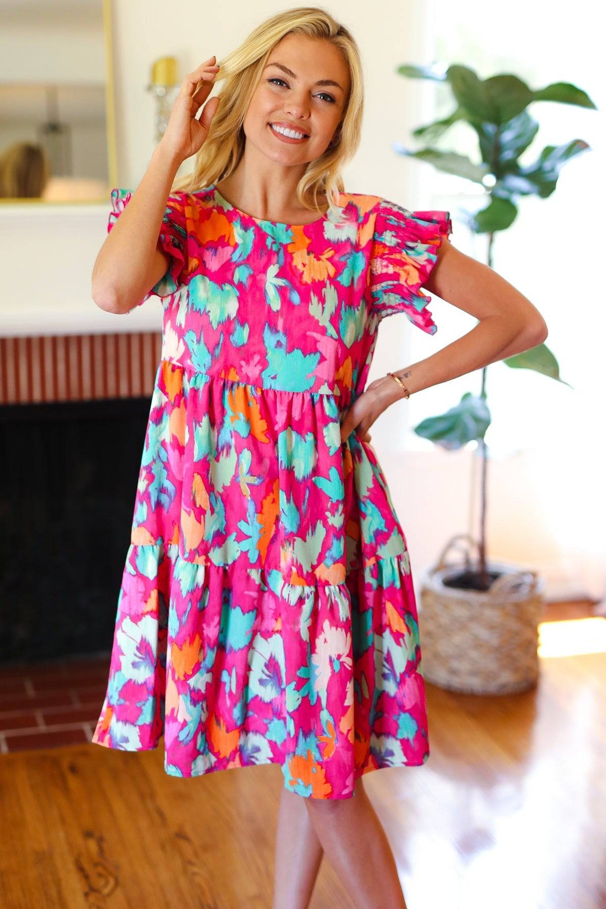 Look of Love Fuchsia Abstract Floral Print Smocked Ruffle Sleeve Dress - Luxe Mod 