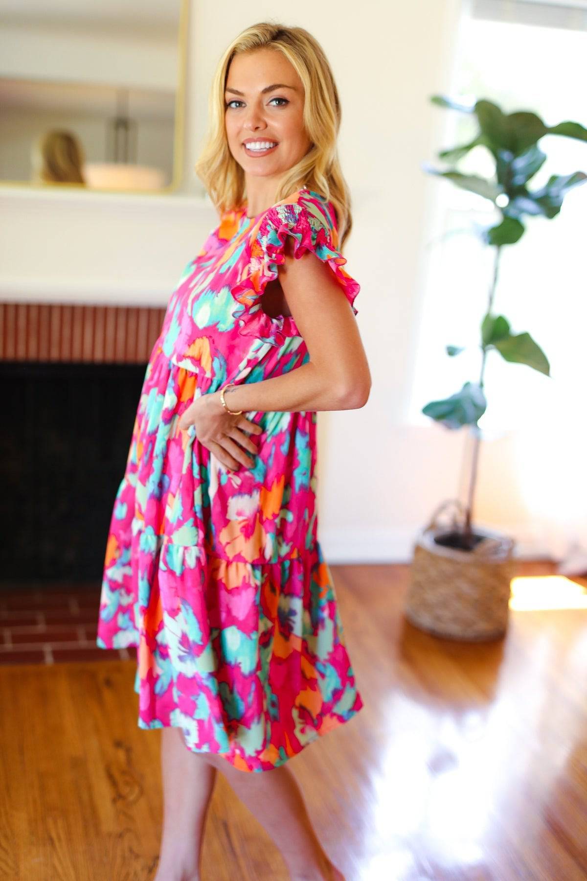 Look of Love Fuchsia Abstract Floral Print Smocked Ruffle Sleeve Dress - Luxe Mod 