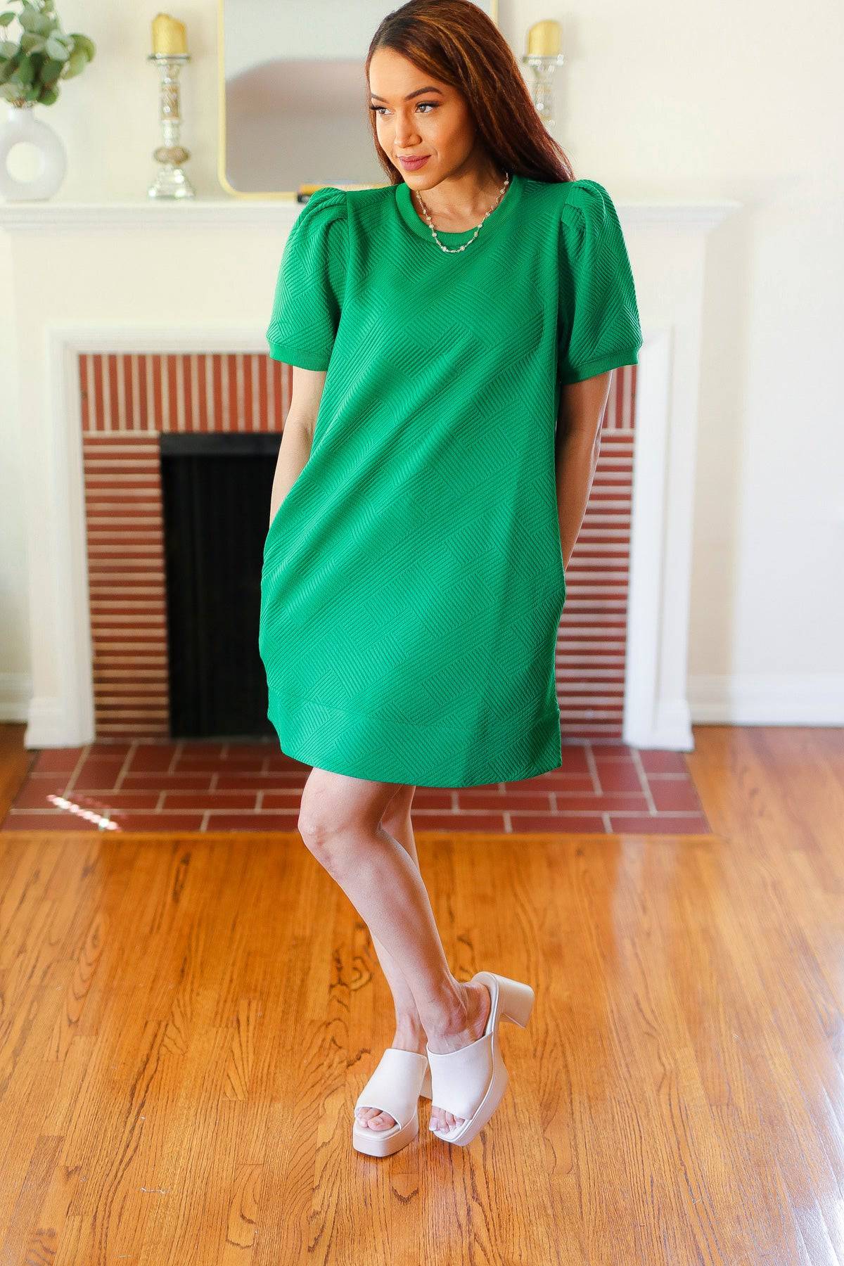 Boldy You Kelly Green Textured Puff Sleeve Dress - Luxe Mod 