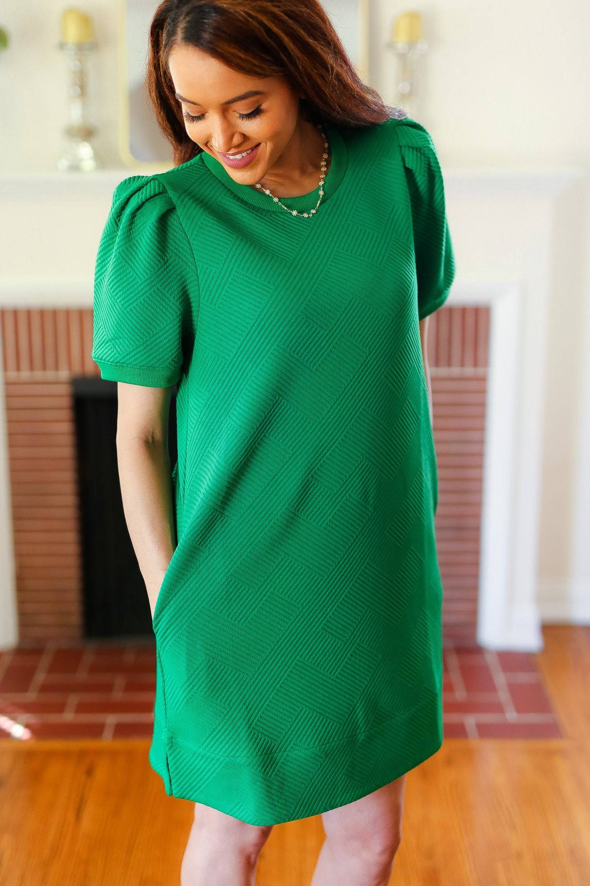 Boldy You Kelly Green Textured Puff Sleeve Dress - Luxe Mod 