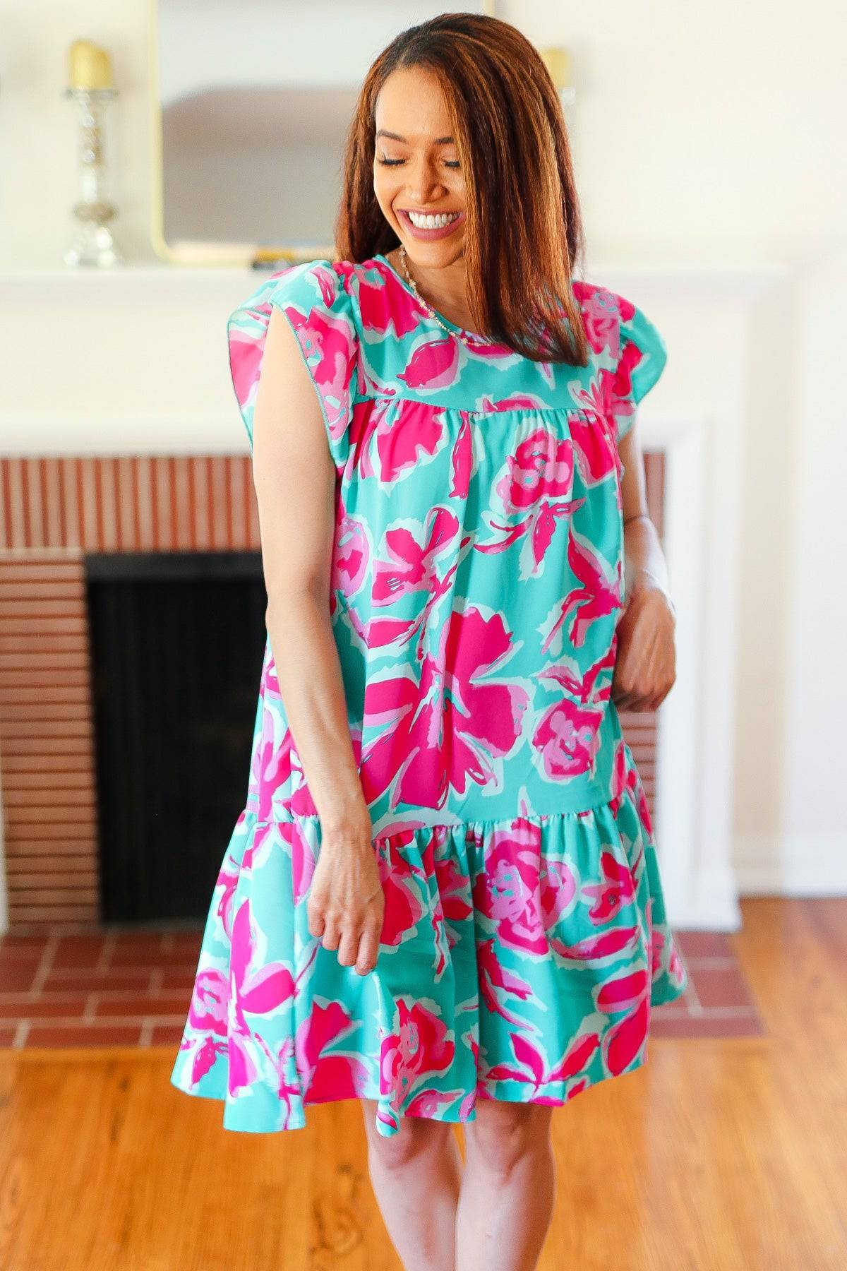 Diva Dreaming Aqua & Fuchsia Floral Print Tiered Ruffle Sleeve Dress - Luxe Mod 