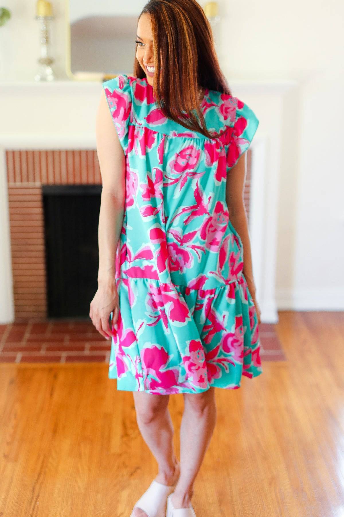 Diva Dreaming Aqua & Fuchsia Floral Print Tiered Ruffle Sleeve Dress - Luxe Mod 