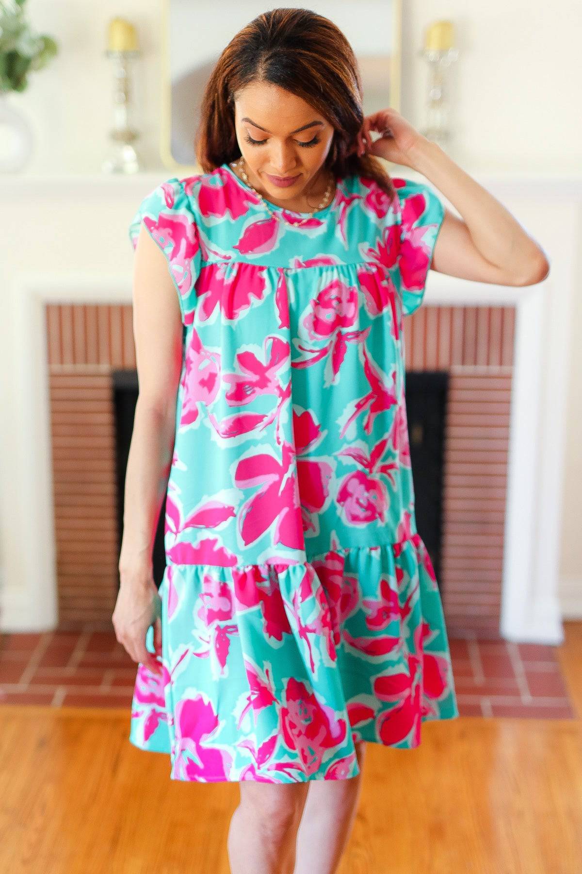 Diva Dreaming Aqua & Fuchsia Floral Print Tiered Ruffle Sleeve Dress - Luxe Mod 