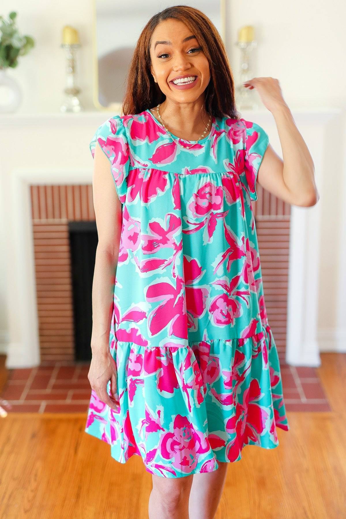 Diva Dreaming Aqua & Fuchsia Floral Print Tiered Ruffle Sleeve Dress - Luxe Mod 