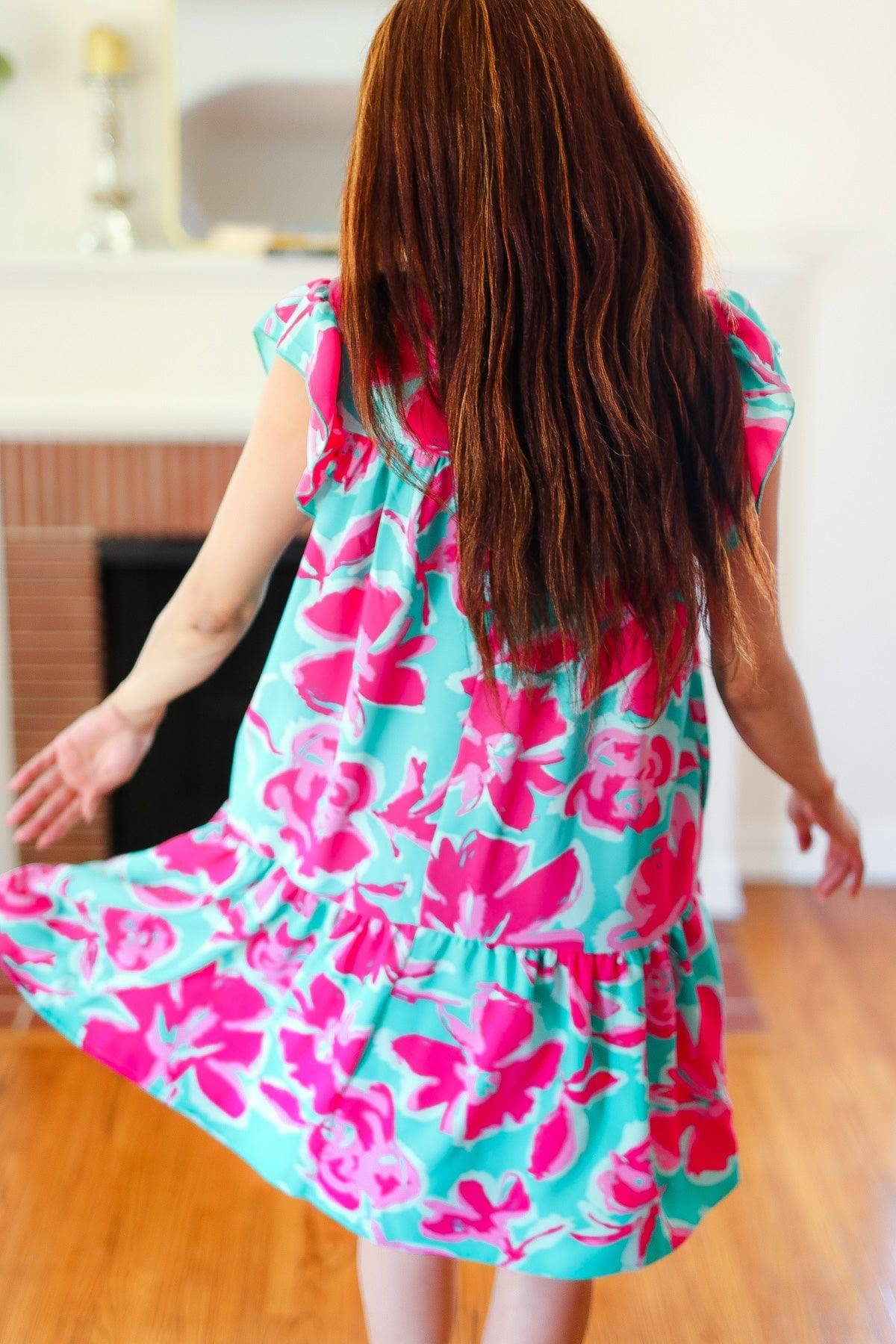 Diva Dreaming Aqua & Fuchsia Floral Print Tiered Ruffle Sleeve Dress - Luxe Mod 