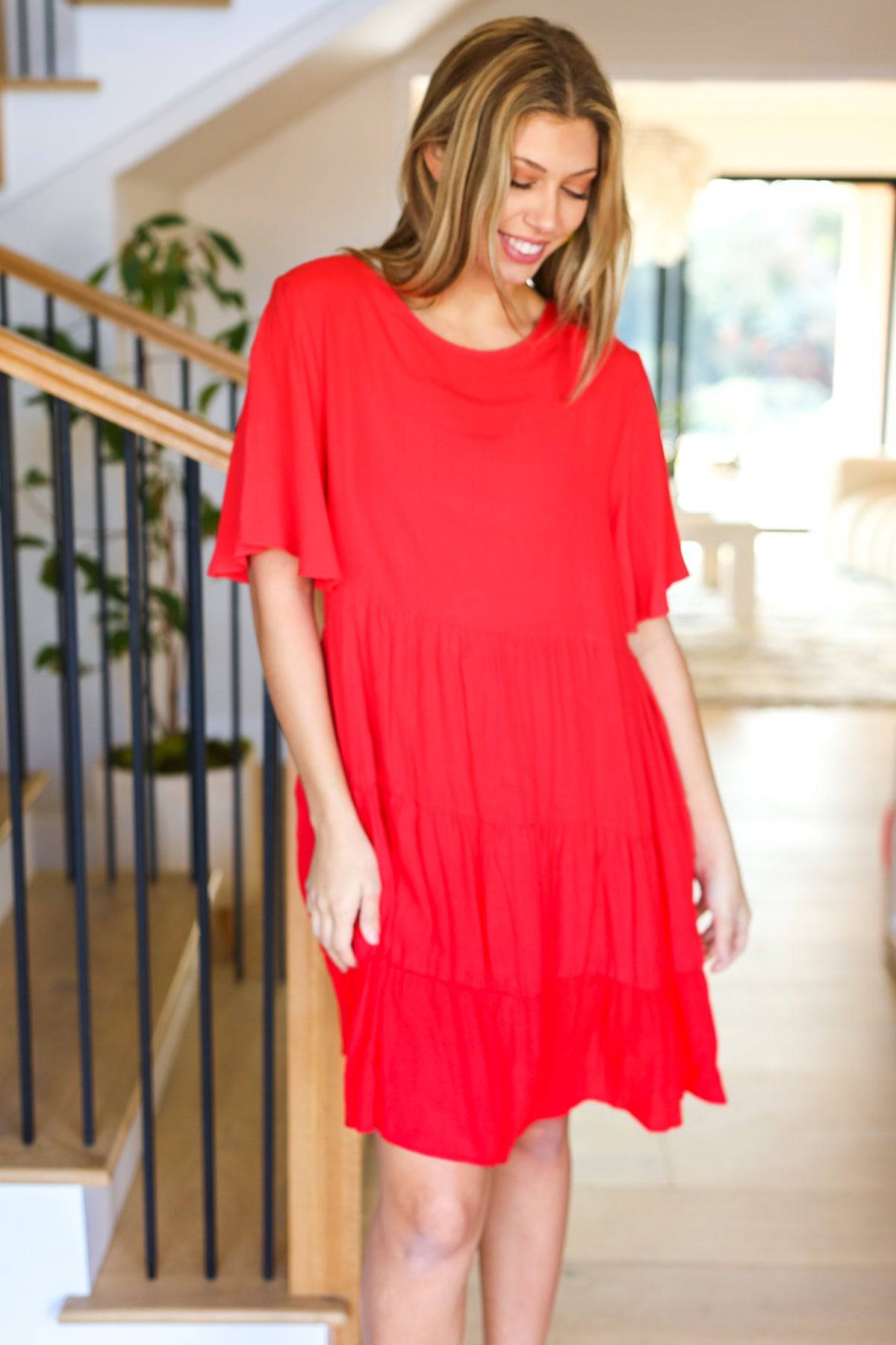 Feeling Bold Red Woven Panel Tiered Fluter Sleeve Dress - Luxe Mod 