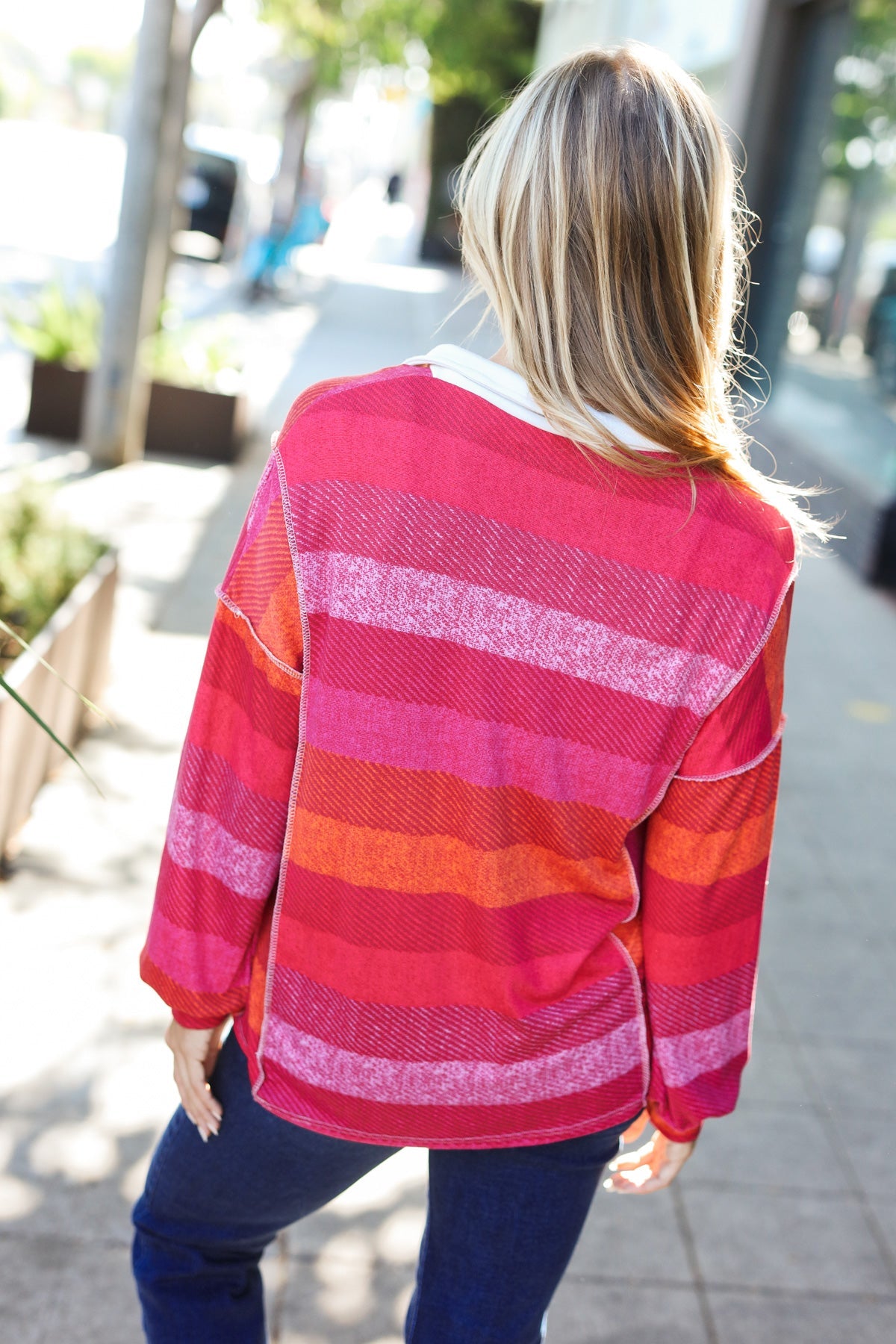 Be Bold Magenta Striped Button Down Placket Collared Top