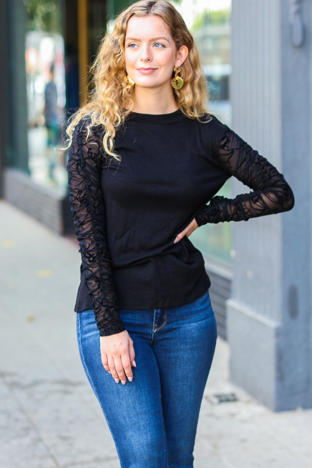 Can't Help But Love Black Shirred Velvet Mesh Blouse - Luxe Mod 