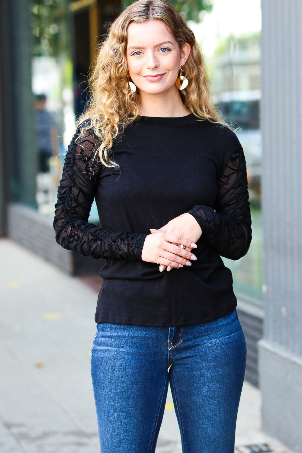 Can't Help But Love Black Shirred Velvet Mesh Blouse - Luxe Mod 