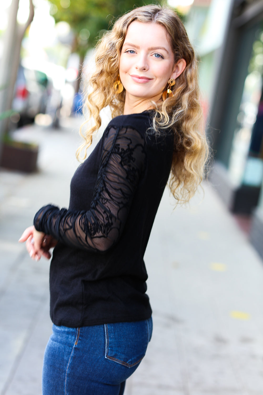 Can't Help But Love Black Shirred Velvet Mesh Blouse - Luxe Mod 