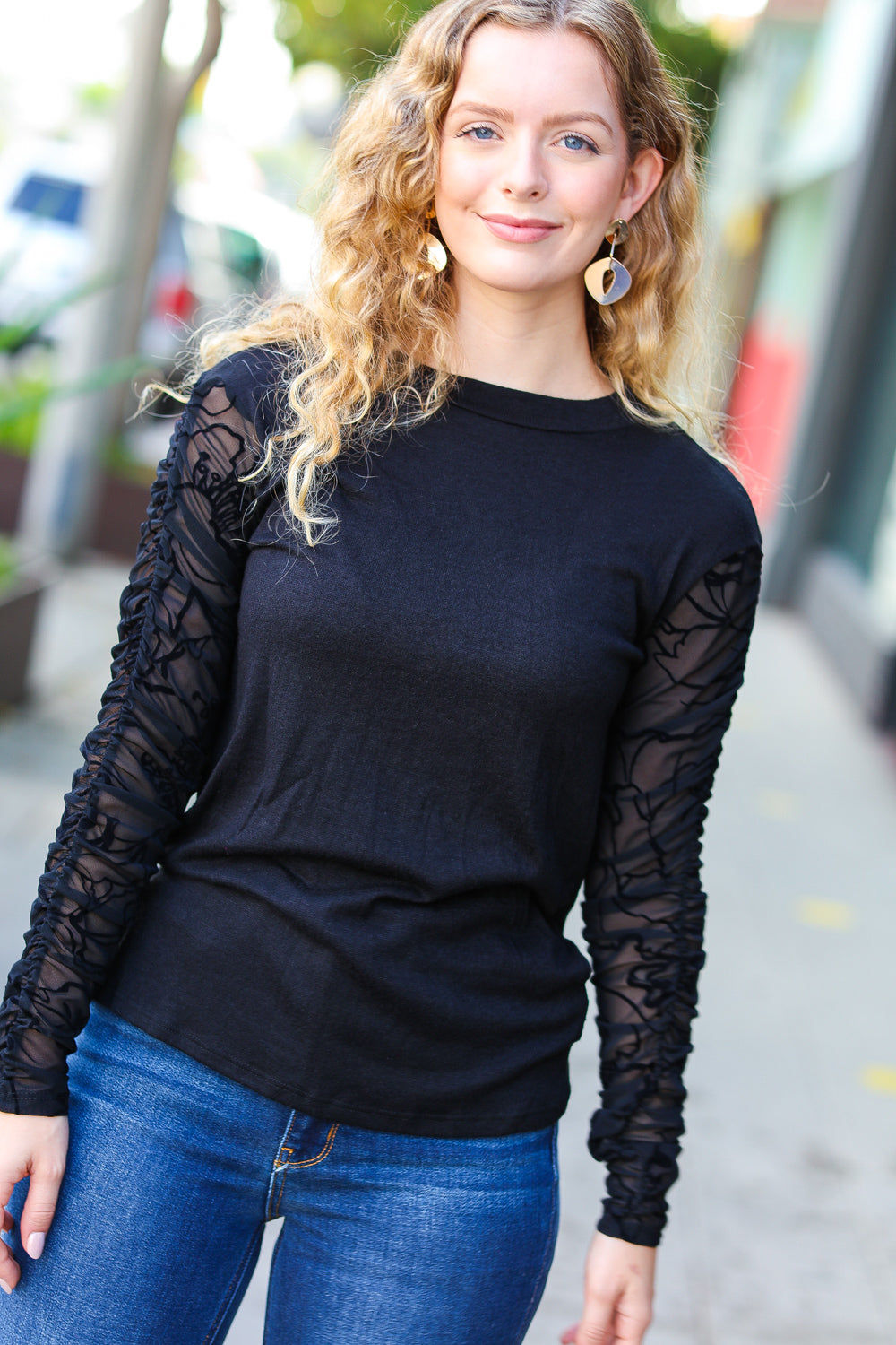 Can't Help But Love Black Shirred Velvet Mesh Blouse - Luxe Mod 