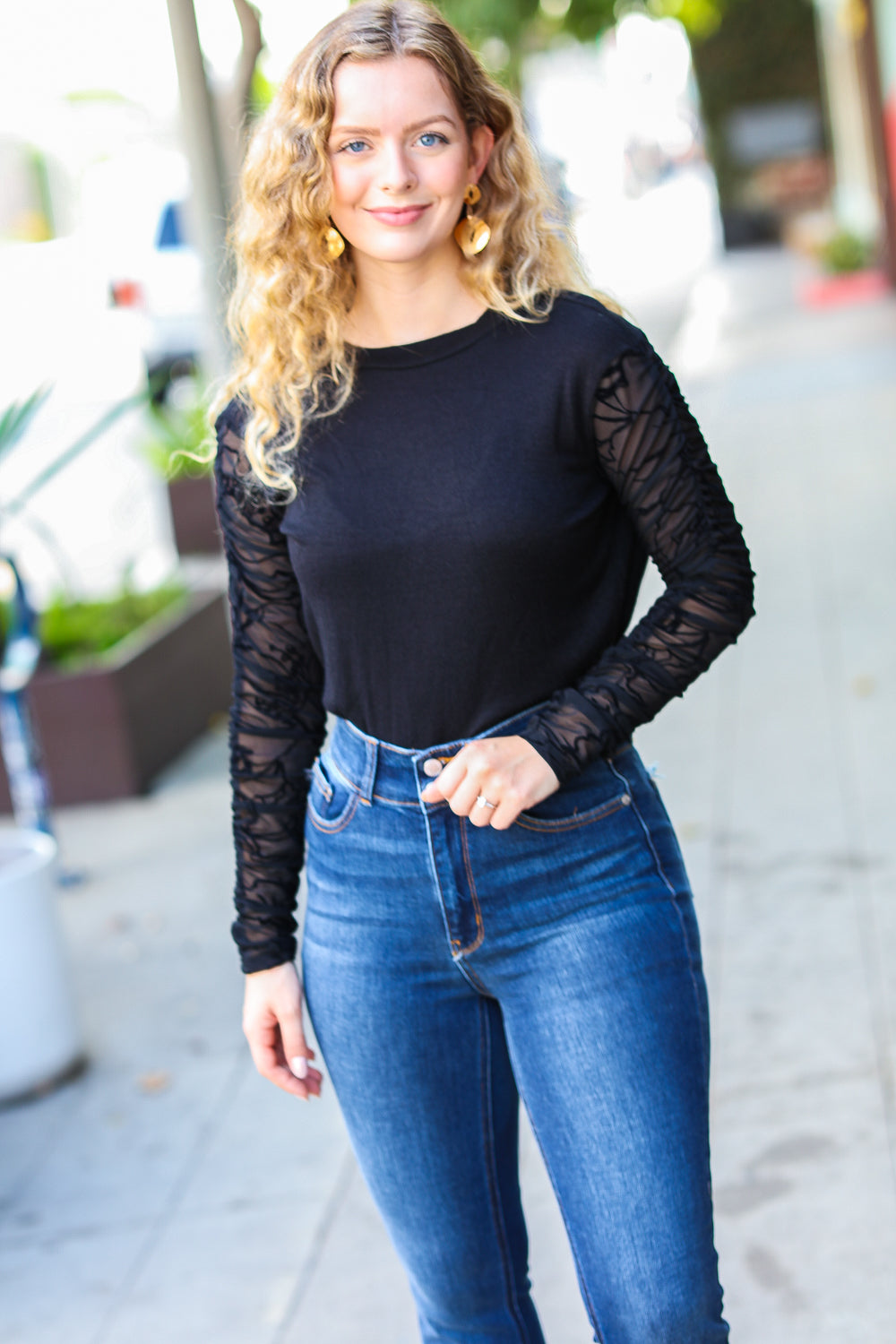 Can't Help But Love Black Shirred Velvet Mesh Blouse - Luxe Mod 