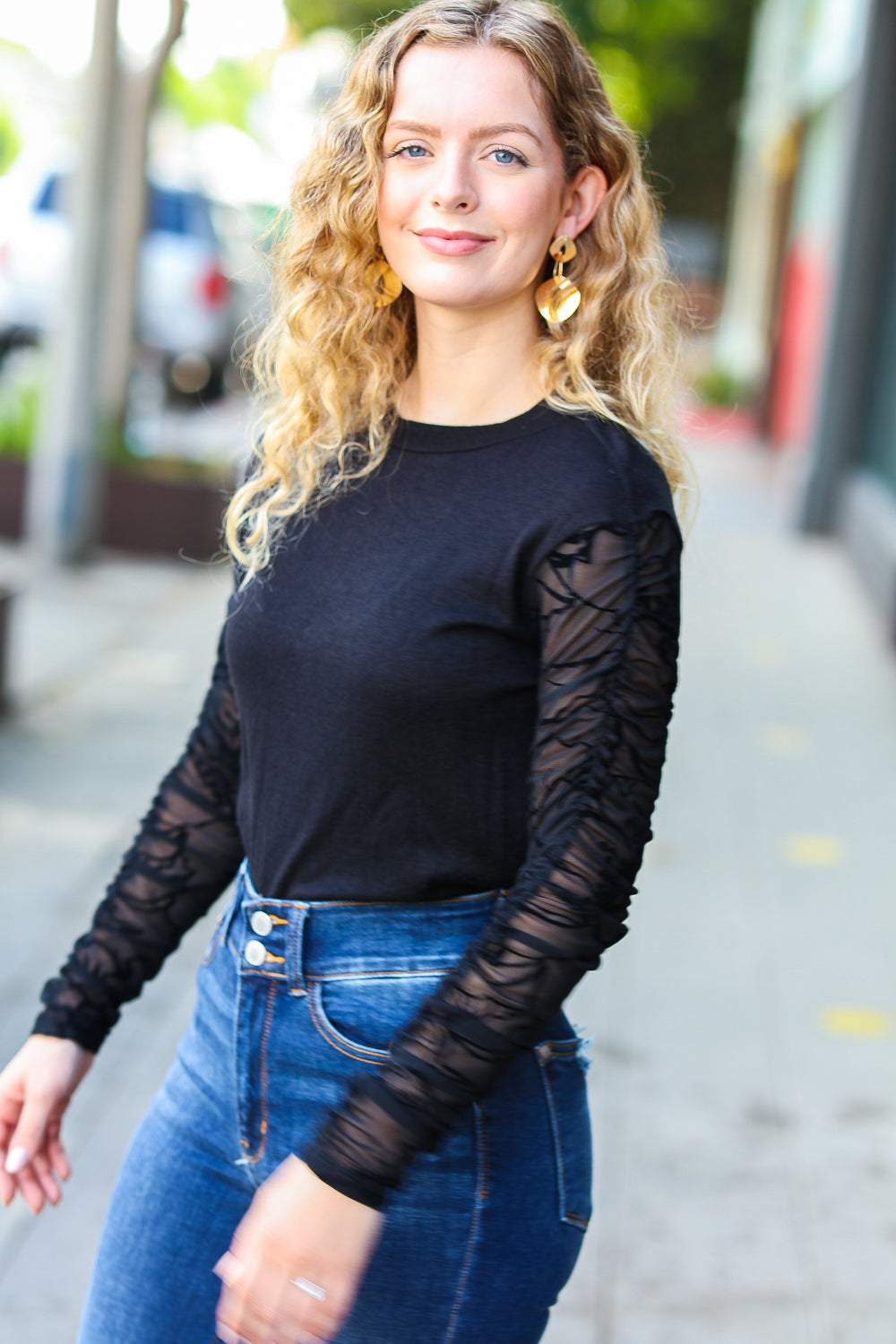 Can't Help But Love Black Shirred Velvet Mesh Blouse - Luxe Mod 