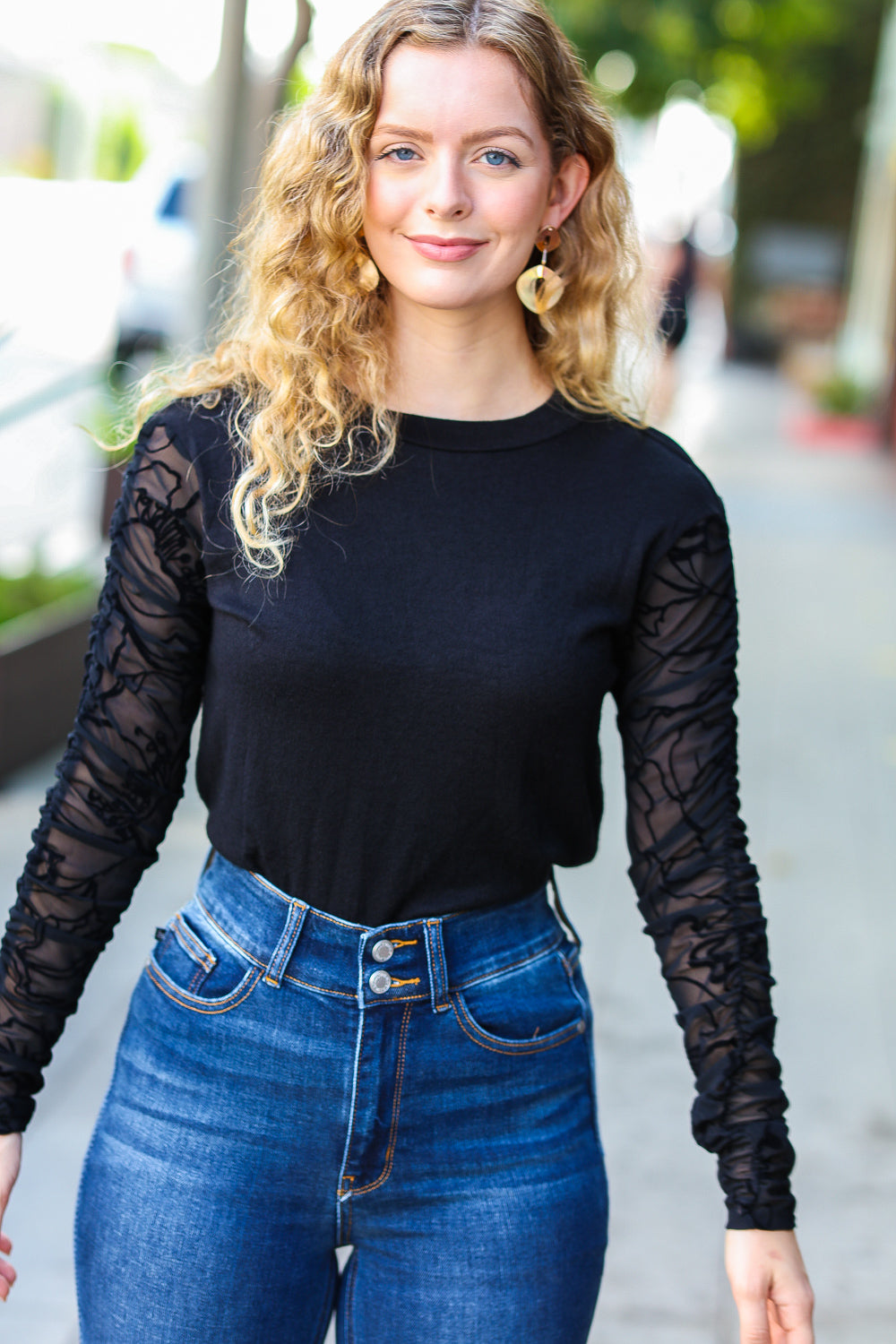 Can't Help But Love Black Shirred Velvet Mesh Blouse - Luxe Mod 