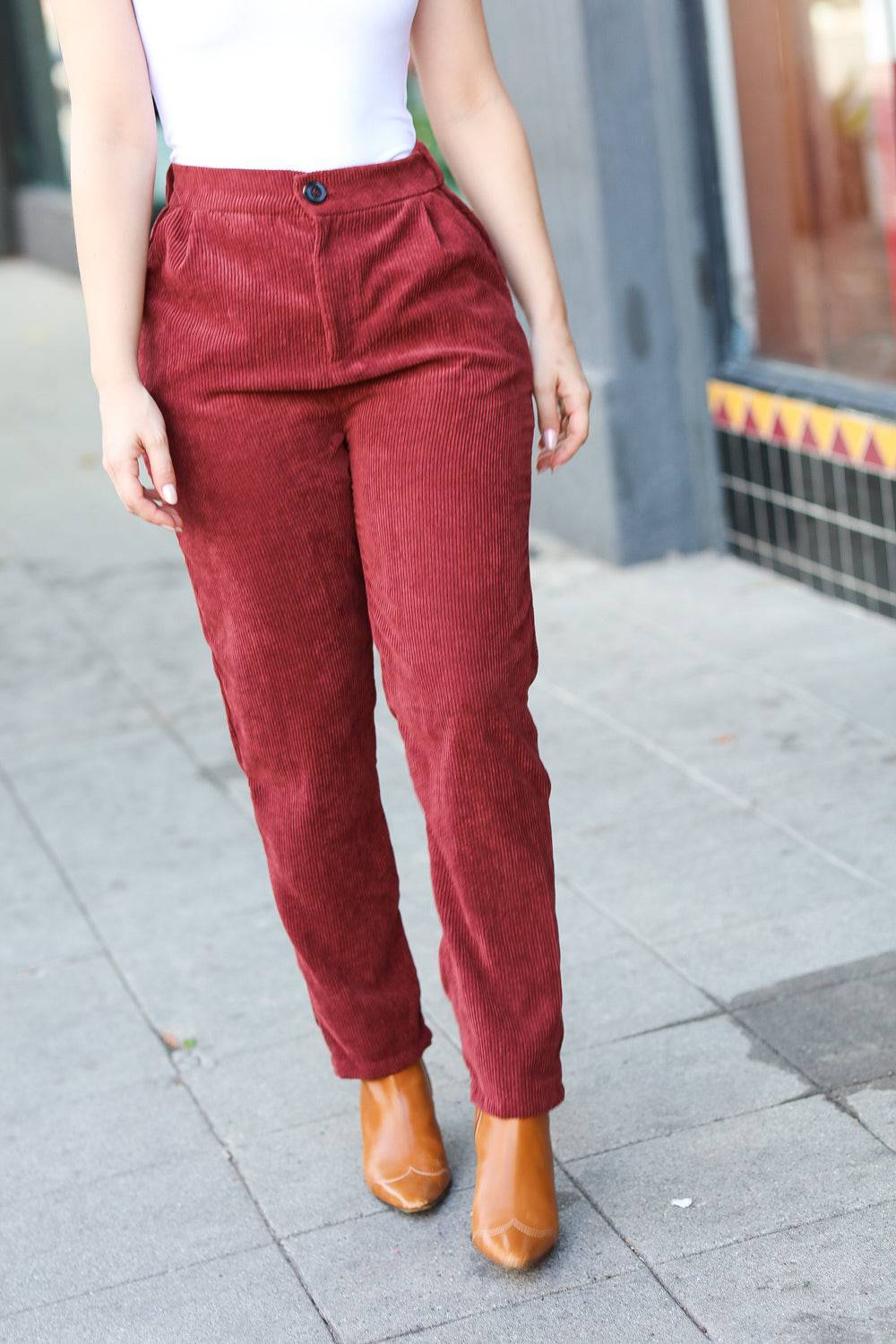 Going Your Way Burgundy Corduroy High Rise Tapered Pants - Luxe Mod 