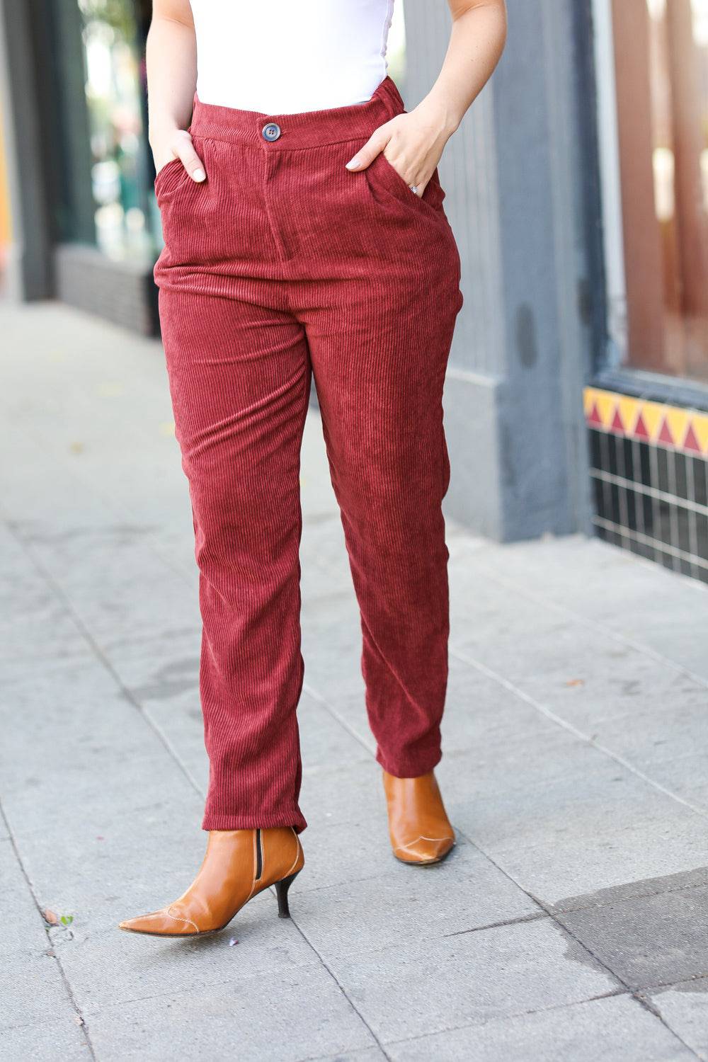 Going Your Way Burgundy Corduroy High Rise Tapered Pants - Luxe Mod 