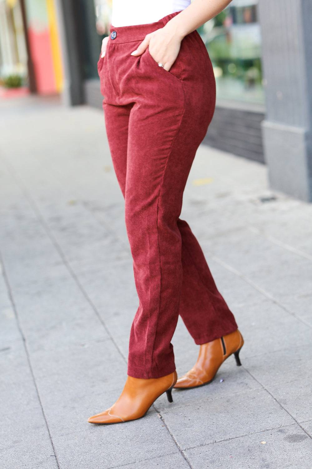 Going Your Way Burgundy Corduroy High Rise Tapered Pants - Luxe Mod 