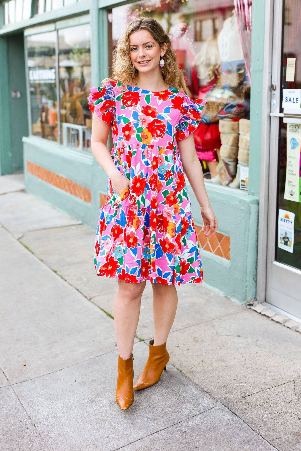 Love Found Pink Floral Smocked Ruffle Sleeve Tiered Dress - Luxe Mod 