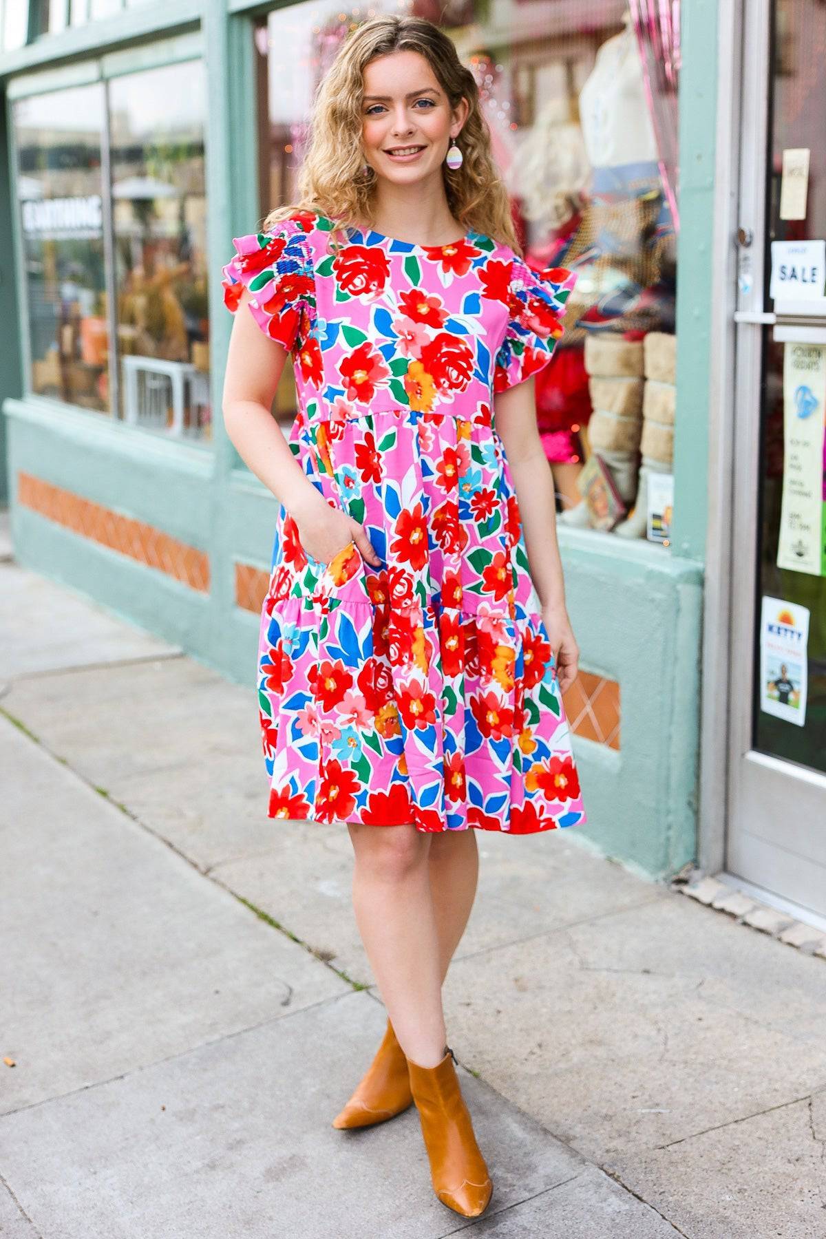 Love Found Pink Floral Smocked Ruffle Sleeve Tiered Dress - Luxe Mod 