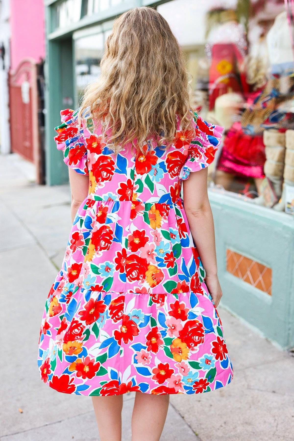 Love Found Pink Floral Smocked Ruffle Sleeve Tiered Dress - Luxe Mod 