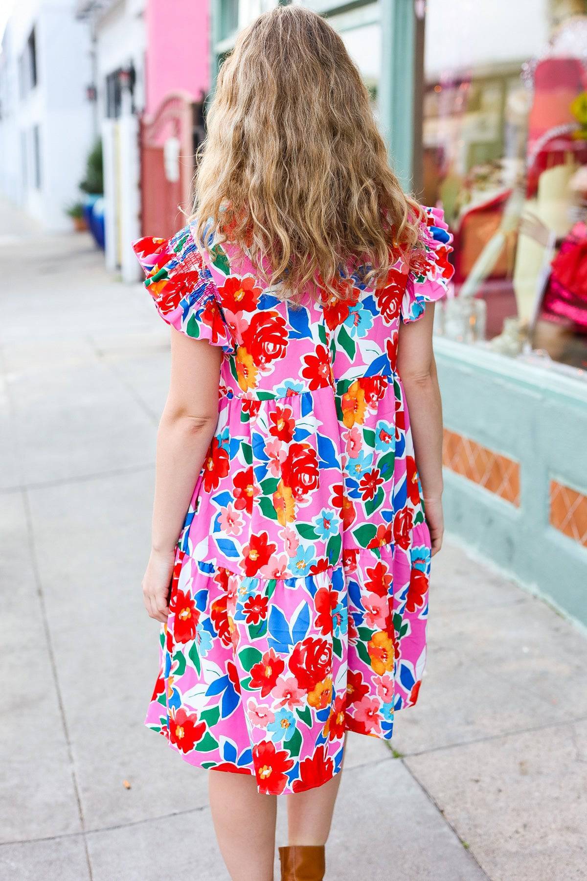 Love Found Pink Floral Smocked Ruffle Sleeve Tiered Dress - Luxe Mod 