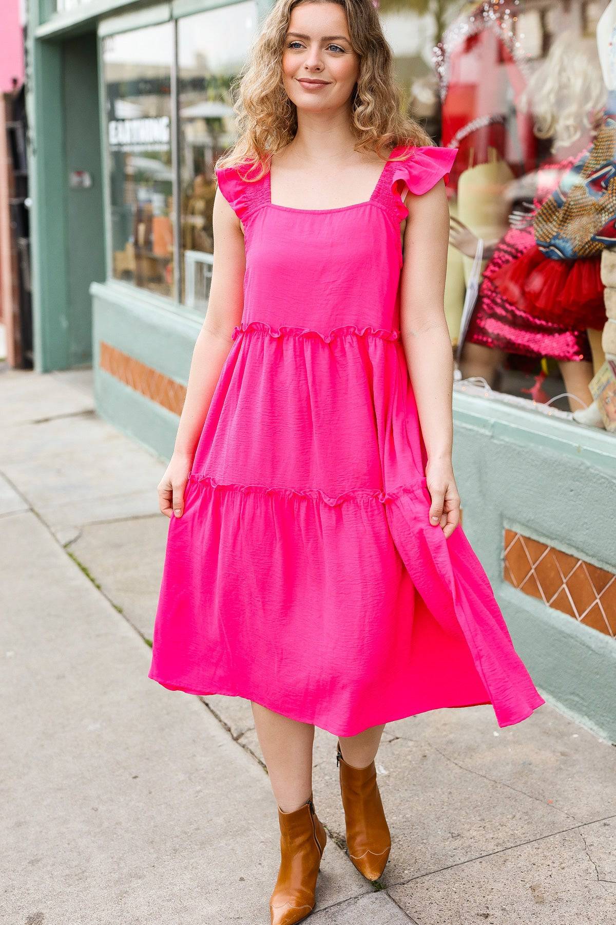 Lots To Love Fuchsia Smocked Flutter Sleeve Tiered Midi Dress - Luxe Mod 