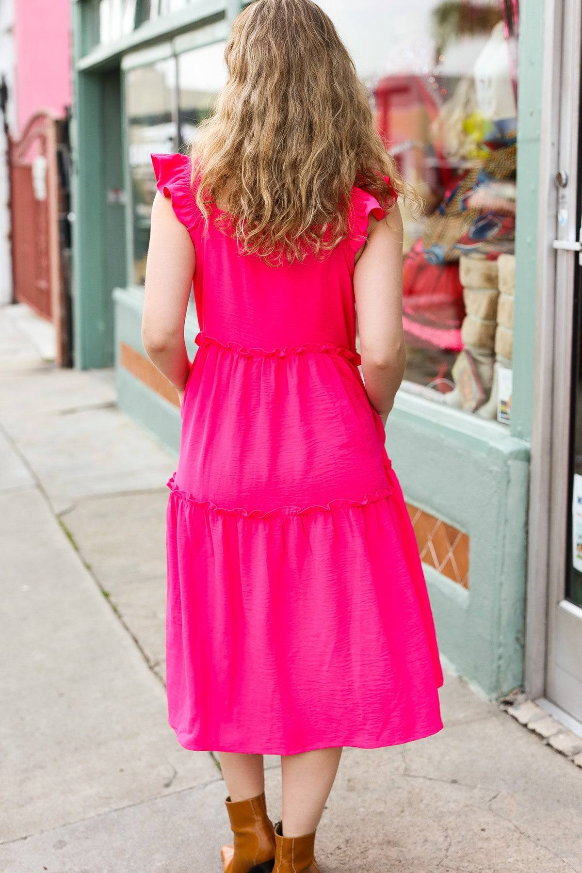 Lots To Love Fuchsia Smocked Flutter Sleeve Tiered Midi Dress - Luxe Mod 