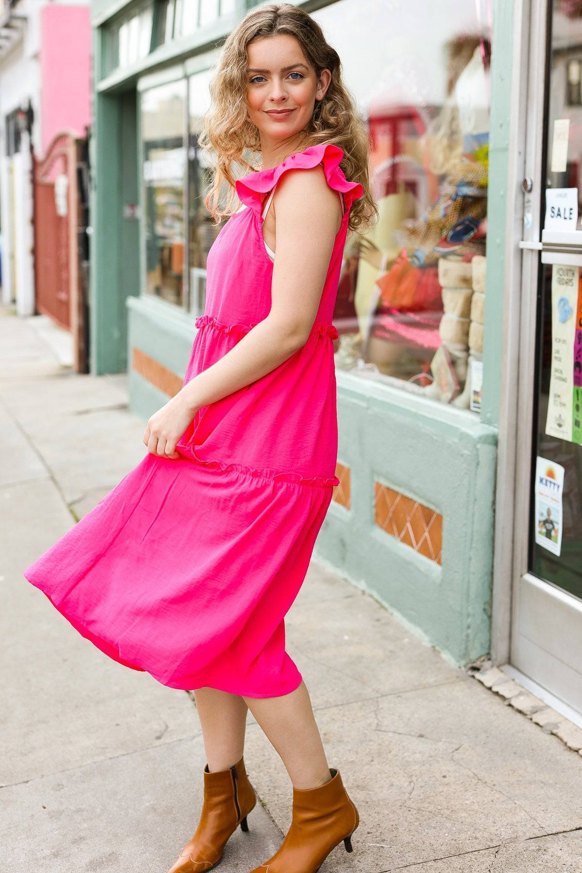 Lots To Love Fuchsia Smocked Flutter Sleeve Tiered Midi Dress - Luxe Mod 