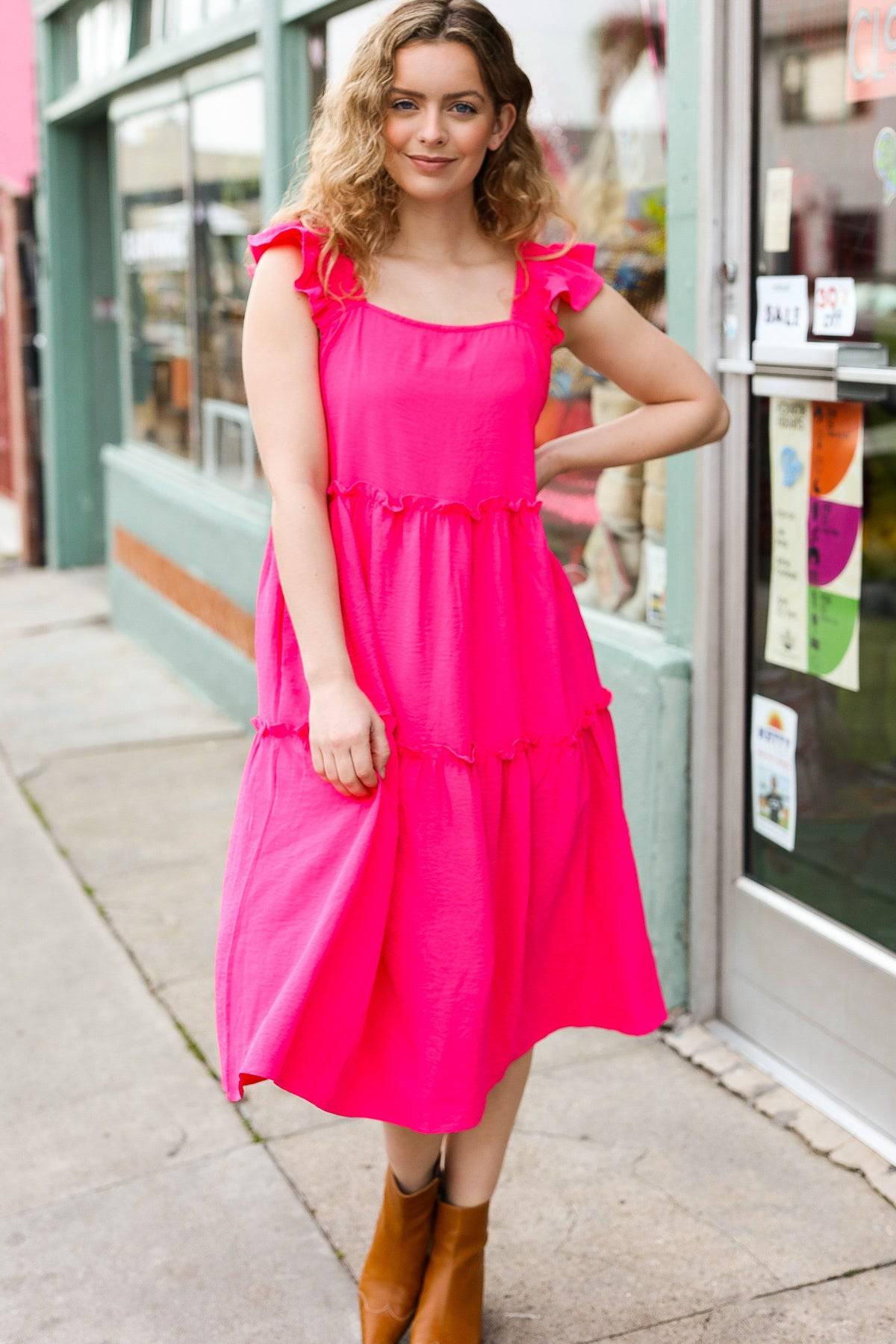 Lots To Love Fuchsia Smocked Flutter Sleeve Tiered Midi Dress - Luxe Mod 