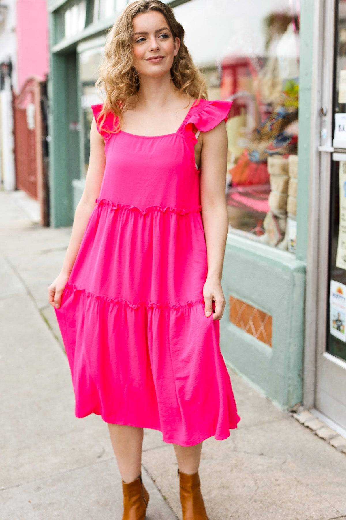 Lots To Love Fuchsia Smocked Flutter Sleeve Tiered Midi Dress - Luxe Mod 