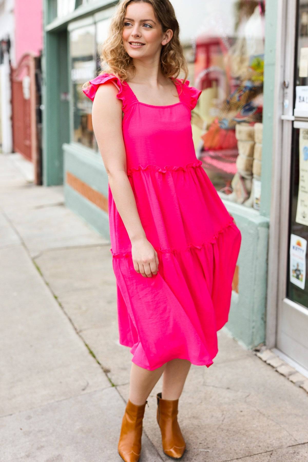 Lots To Love Fuchsia Smocked Flutter Sleeve Tiered Midi Dress - Luxe Mod 