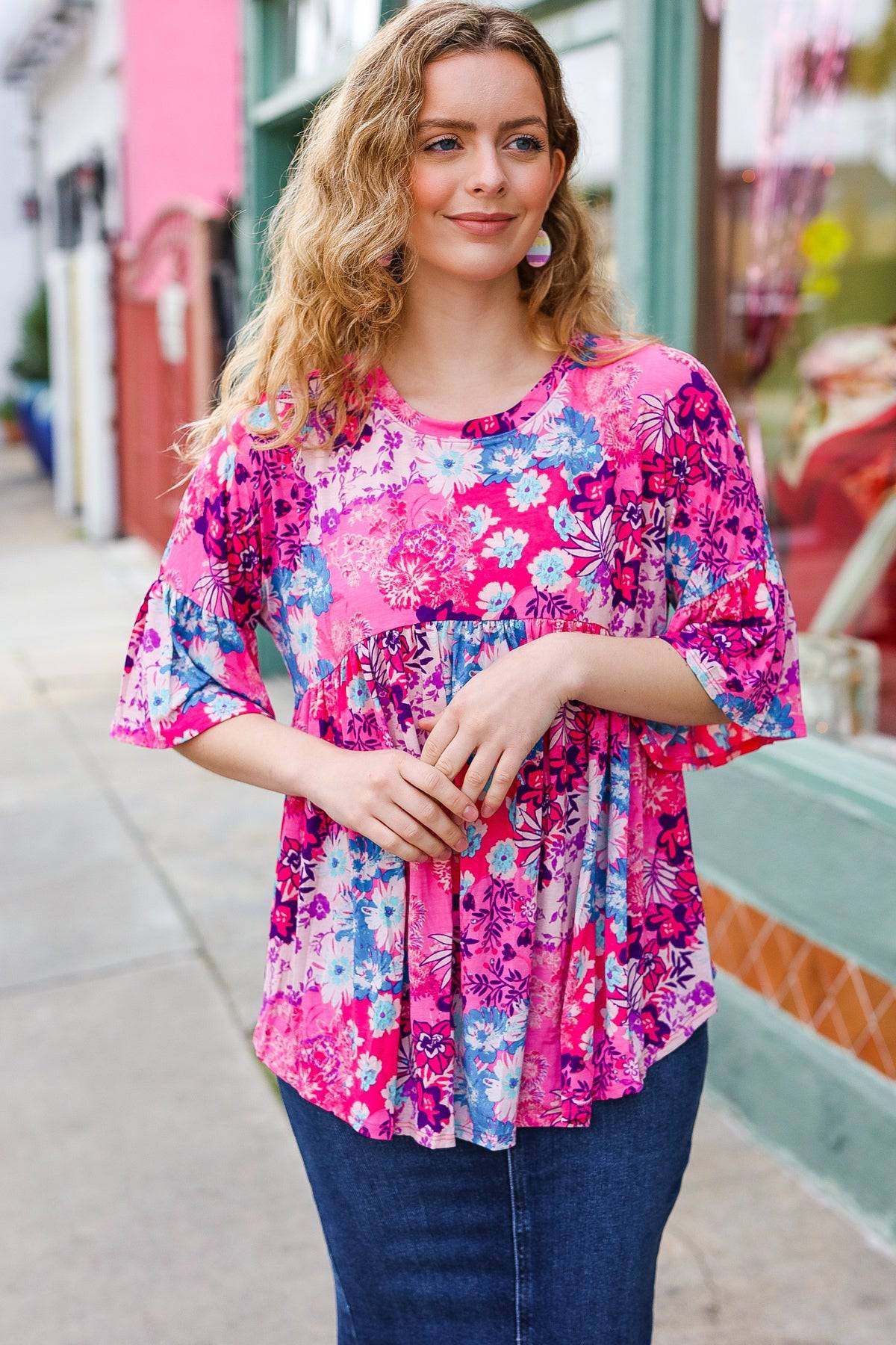 Diva Pink & Blue Floral Print Babydoll Bell Sleeve Top - Luxe Mod 