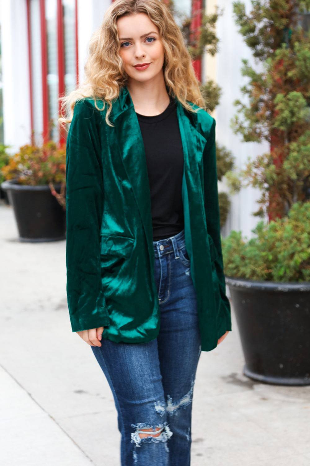 Dazzling Hunter Green Velvet Lapel Blazer - Luxe Mod 