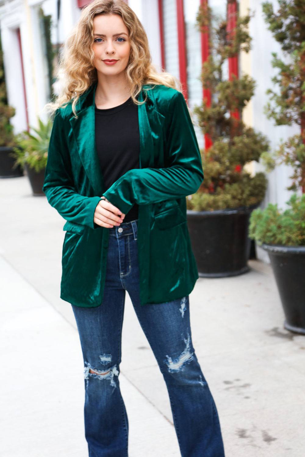 Dazzling Hunter Green Velvet Lapel Blazer - Luxe Mod 