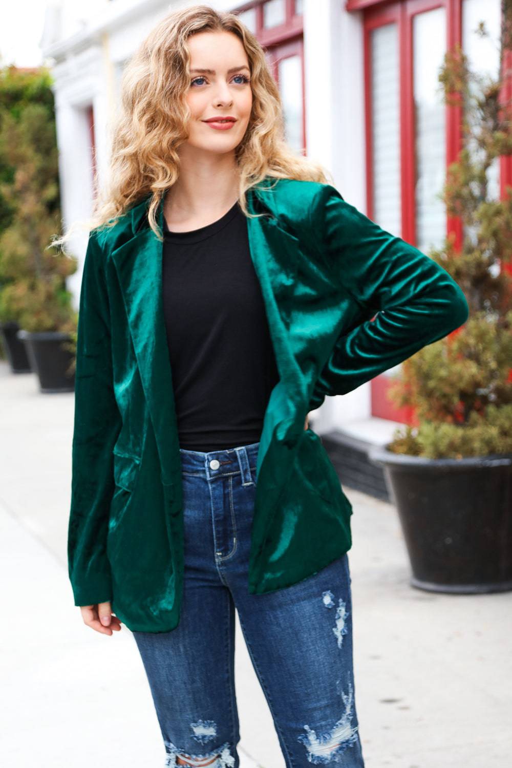 Dazzling Hunter Green Velvet Lapel Blazer - Luxe Mod 