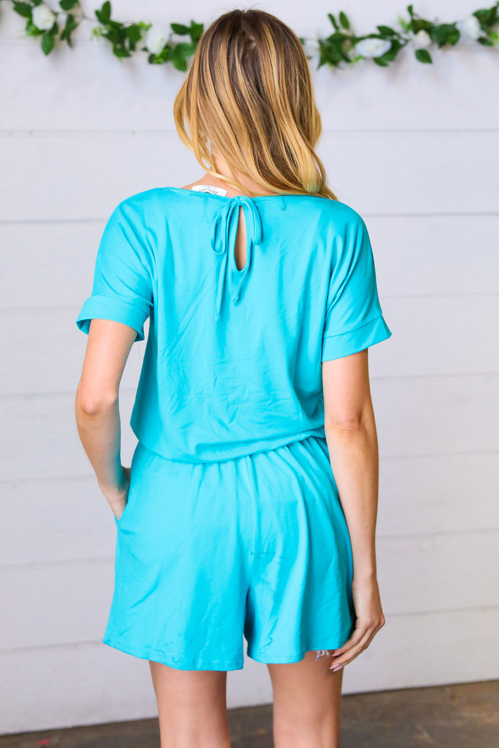 Ice Blue Brushed Knit Elastic Waist Pocketed Romper - Luxe Mod 