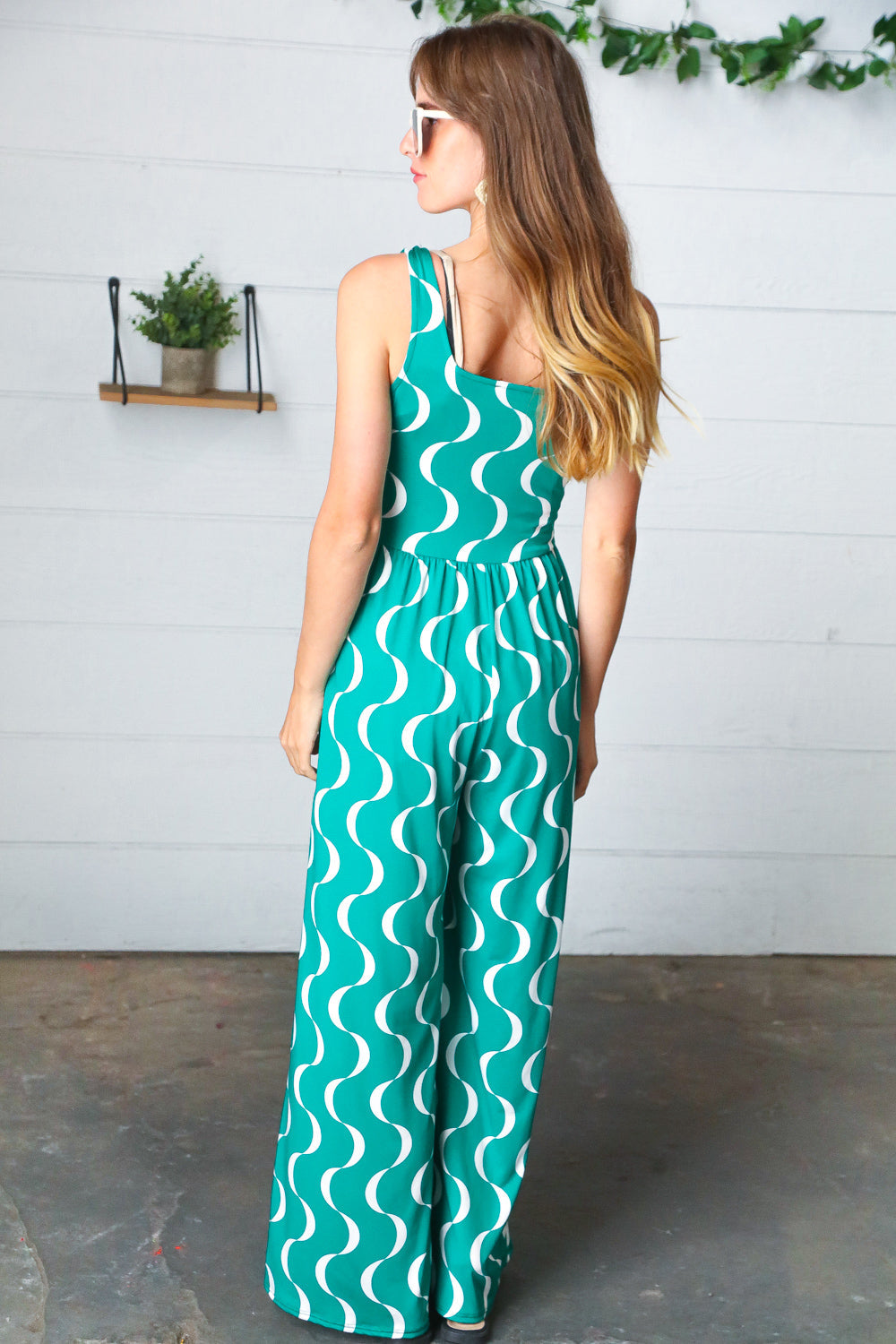 Kelly Green Abstract Wave Button Jumpsuit - Luxe Mod 