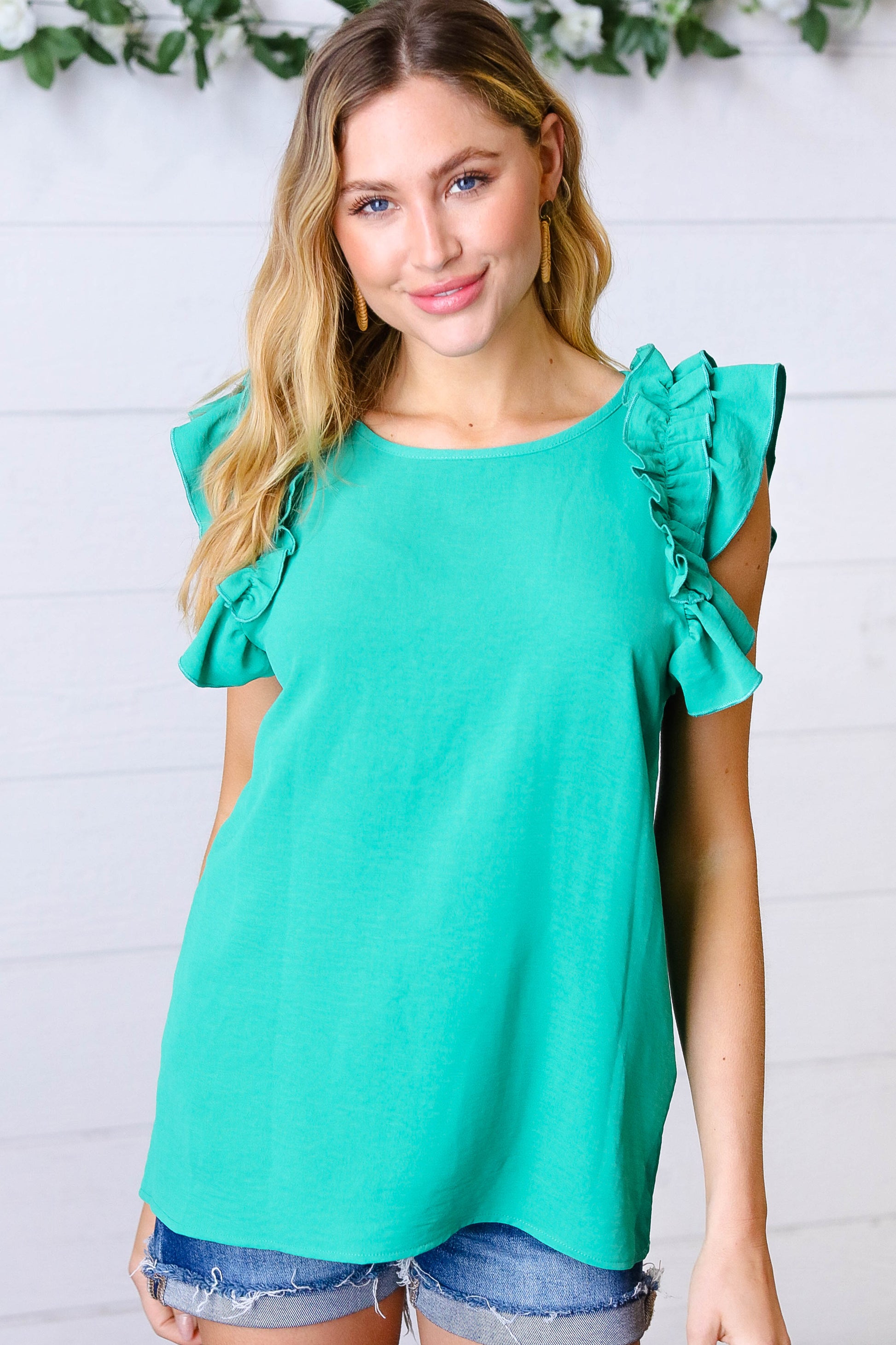 Kelly Green Double Ruffle Sleeve Crinkle Top - Luxe Mod 