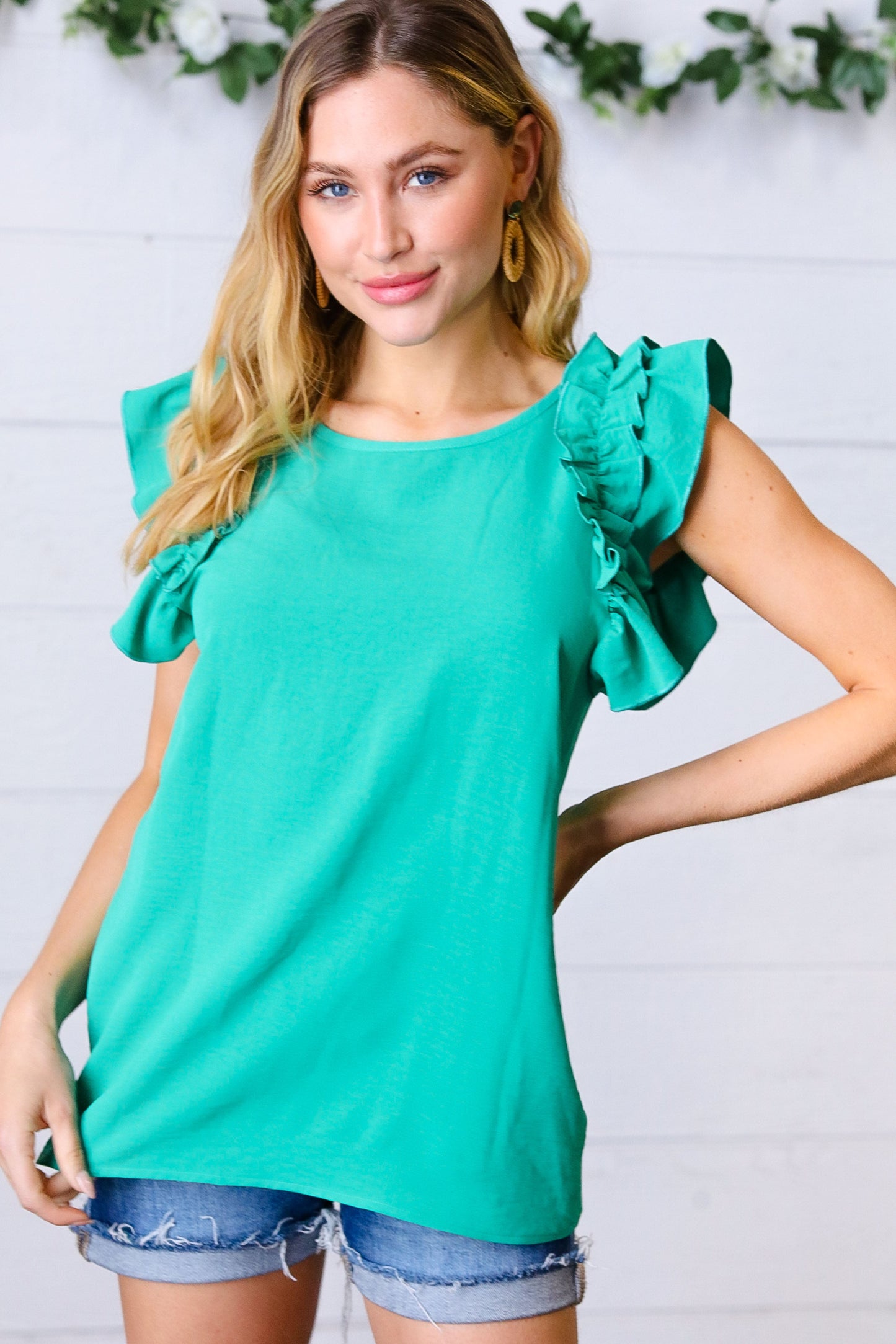 Kelly Green Double Ruffle Sleeve Crinkle Top - Luxe Mod 