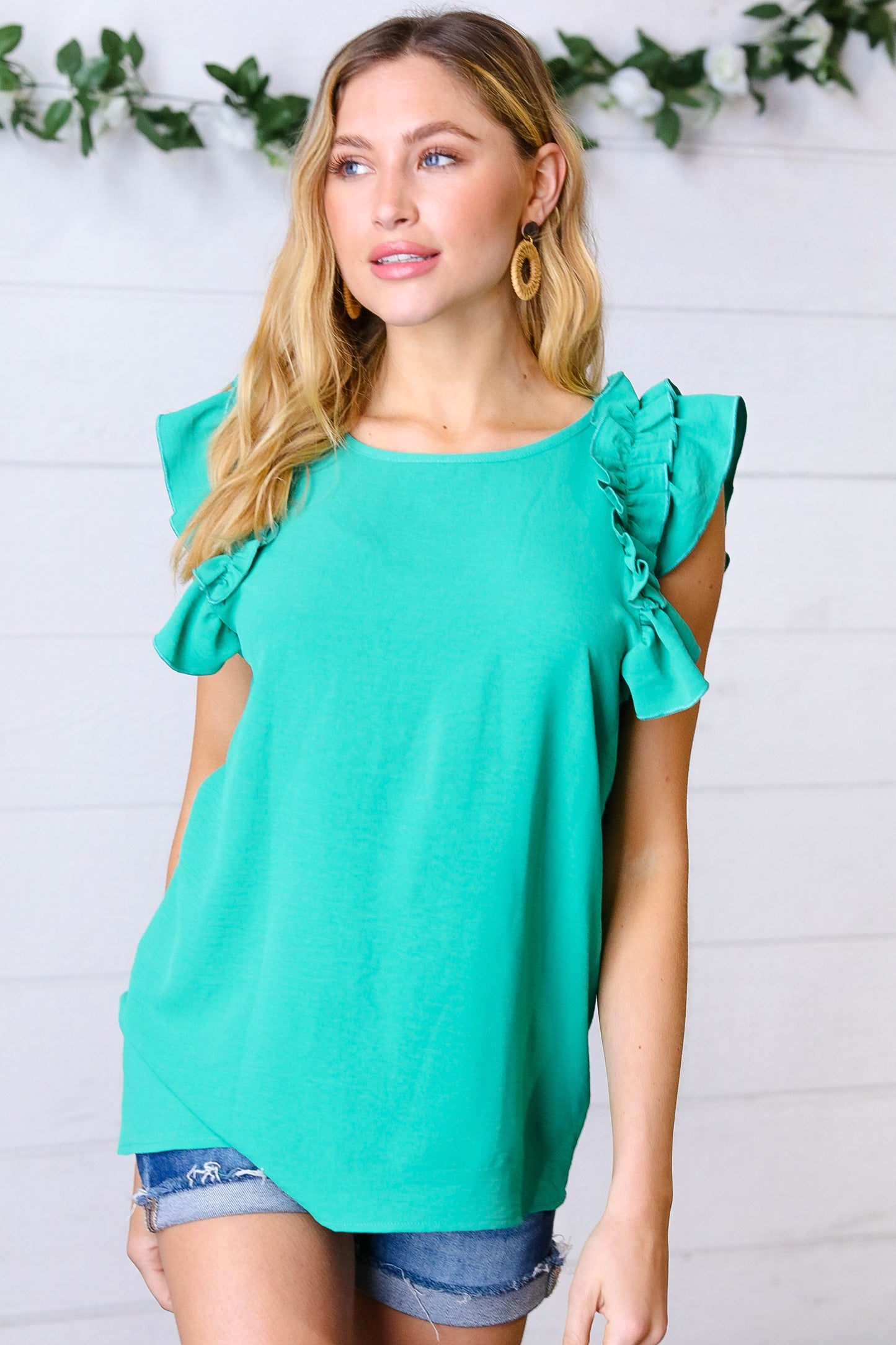 Kelly Green Double Ruffle Sleeve Crinkle Top - Luxe Mod 