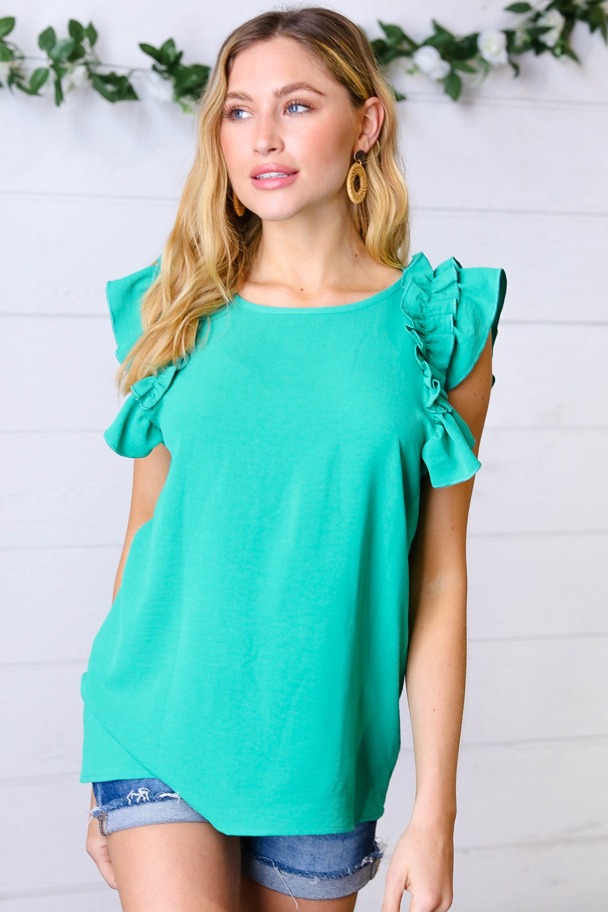 Kelly Green Double Ruffle Sleeve Crinkle Top - Luxe Mod 