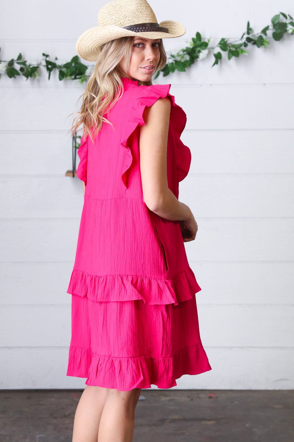 French Rose Tiered Ruffle Crinkle Dress - Luxe Mod 