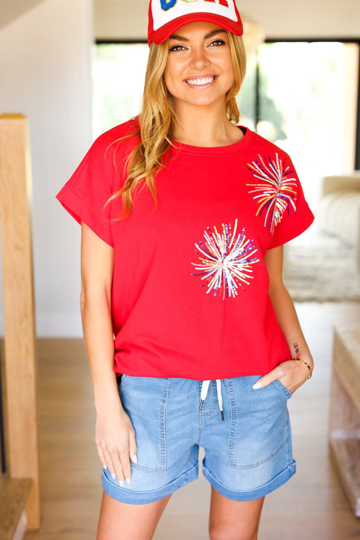 Light Me Up Red Sequin Firework Dolman Top - Luxe Mod 