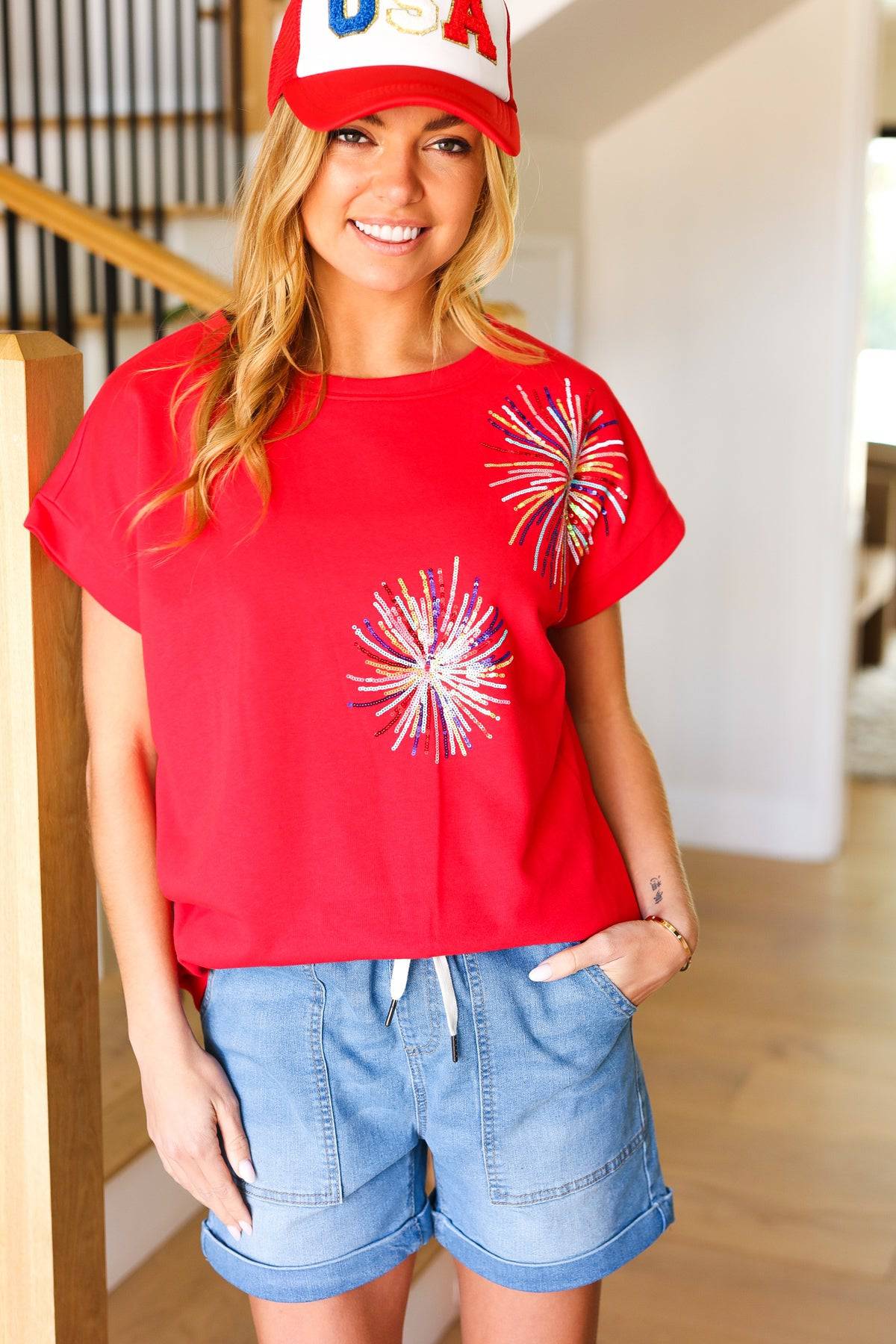 Light Me Up Red Sequin Firework Dolman Top - Luxe Mod 