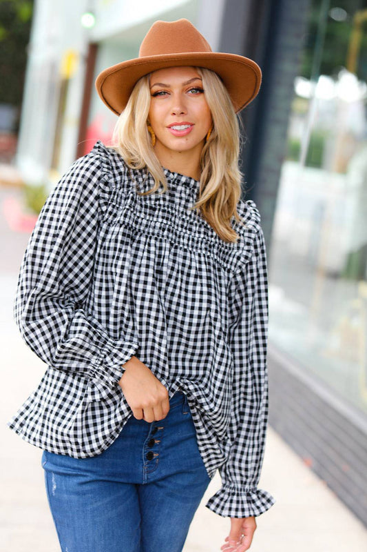 Black Gingham Shirred Yoke Mock Neck Frilled Top - Luxe Mod 