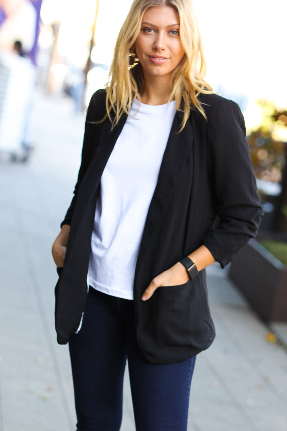 More To Love Black Notched Lapel Ruched Sleeve Blazer - Luxe Mod 