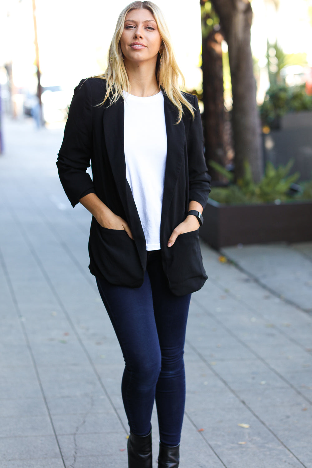 More To Love Black Notched Lapel Ruched Sleeve Blazer - Luxe Mod 